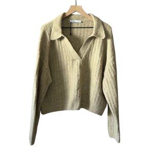 Women's L Zara Johnny Collar Sweater Tan Textured Fuzzy Sweater